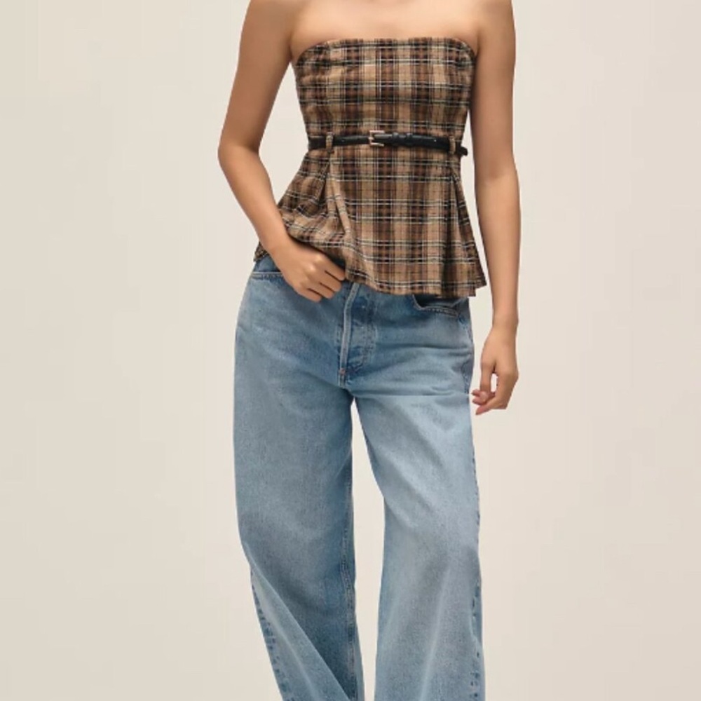 Anthropologie Maeve Button-Front Tube Top - Plaid with Belt